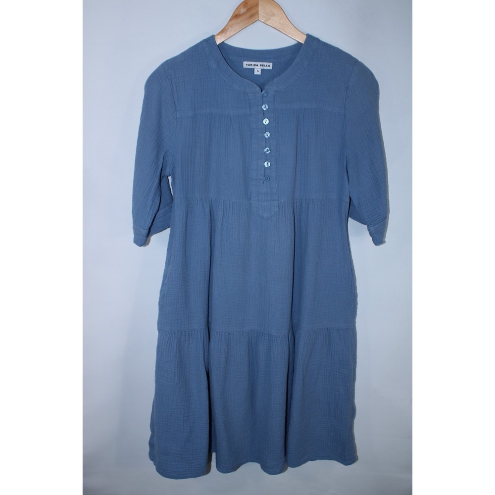 Yakira Bella Women's Blue Gauze Henley Neck Short Sleeve Dress Size Small